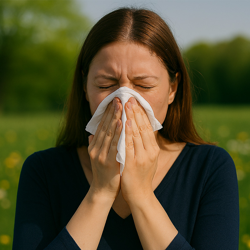 Frau mit Taschentuch auf einer Wiese